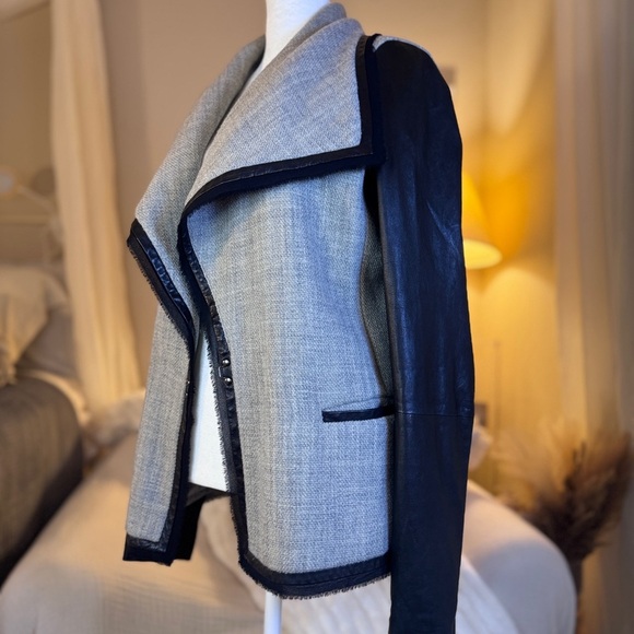 Vince Black& Gray Women's Boucle Moto jacket with leather sleeves, shawl collar. - Picture 3 of 9